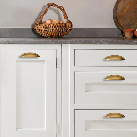 Top Shelf Antique Brass Cup Pulls For Kitchen Drawers 2 Pack Built Like A Tank Zinc Alloy Cabinet Handles on white kitchen cabinets.