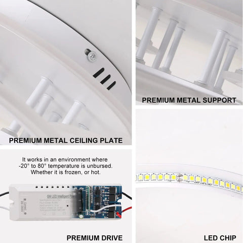 Close-up of 4 Ring LED Ceiling Light With Remote, 56W Dimmable 3000K-6500K White Flush Mount Fixture components.