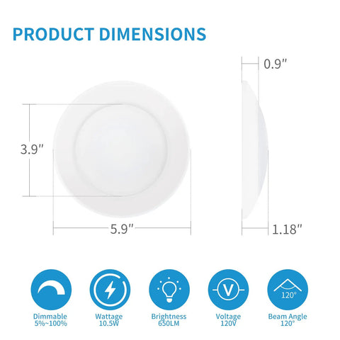 Diagram showing dimensions of 4 Inch LED Disk Light Dimmable Flush Mount Ceiling Light 10.5W 650 Lumens 3000K Warm White