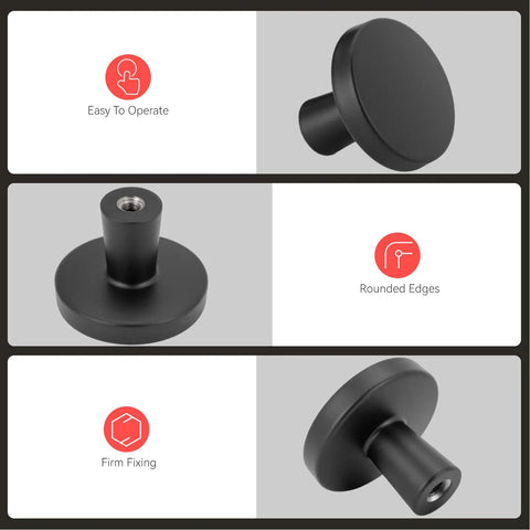 5 Pack Black Round Cabinet Knobs With Kickass Matte Finish And Heavy Duty Zinc Alloy Build Hella Durable For Kitchen Drawers And Dresser Doors Includes Mounting Hardware, showcasing rounded edges and firm fixing.