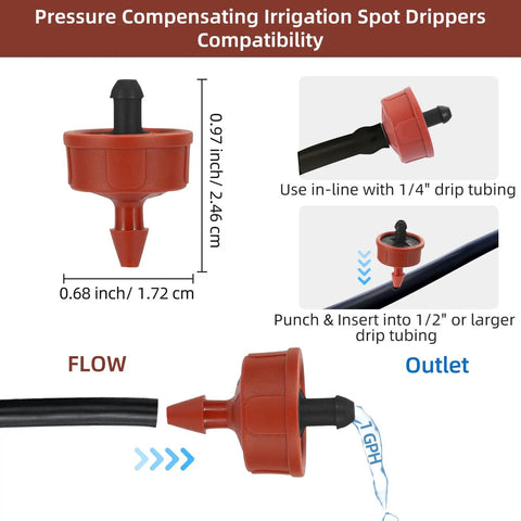 30 Pack 1 GPH Pressure Compensating Drip Emitters diagram with sizes and tubing compatibility details