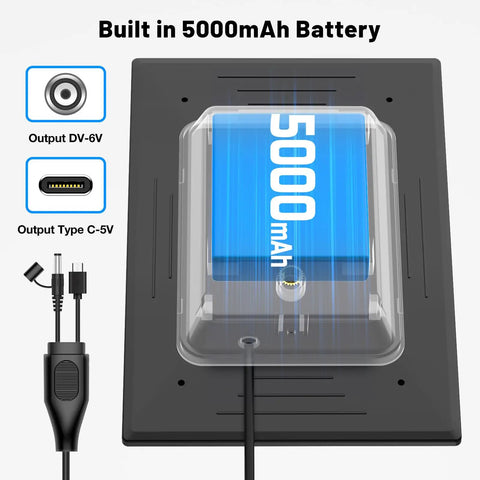 Heavy Duty Solar Panel For Trail Cameras With Built In 5000MaH Rechargeable Battery showcasing output ports and battery details.