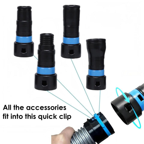 7 Piece Universal Vacuum Hose Adapter Extension Kit For Dust Collection With 5 Size Connectors attached to quick clip connectors.