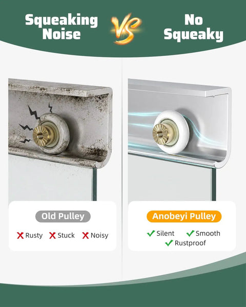 Comparison of old rusty shower door pulley and Solid as a Rock Sliding Shower Door Roller Replacement with 19mm Nylon Wheels.