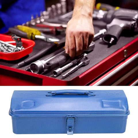 Heavy Duty Iron Toolbox With Extended Telescopic Handle Built Tough For Working Crews And Weekend Home Repair Tasks Blue Metallic Storage Container on a workbench with tools.