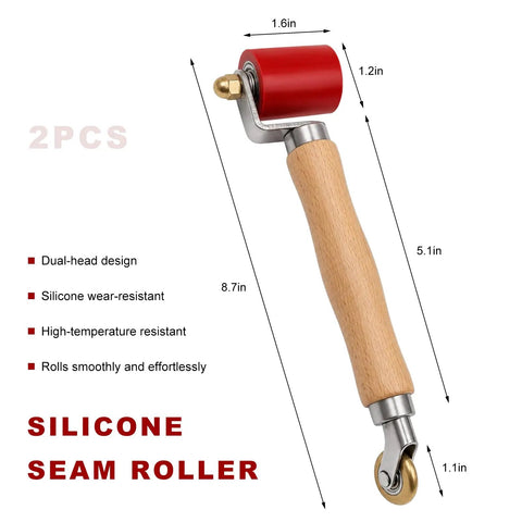 Top Shelf 2 In 1 Seam Roller Kit Featuring A Smooth 40Mm Silicone Roller And Slick 6Mm Brass Penny Wheel For Rock Solid Pvc Tpo Epdm Single Ply Roofing Vinyl Tarp Sealing No Sweat, showing silicone seam roller with wooden handle.