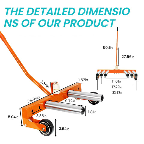Detailed dimensions of Built To Last Heavy Duty Adjustable Tire Wheel Dolly Moves 440 Lbs With Alloy Steel Frame, orange model.