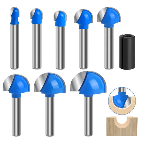 Box Router Bit Set 8 Pc Solid Carbide 1/4 Inch Shank Woodworking Bits with 1/4 to 1 Inch Round Nose Double Flute Shown in Variety