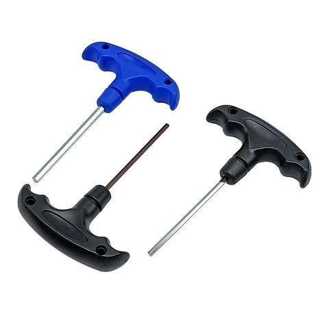 Professional T Shape Hex Socket Wrench With An Anti Slip Steel Handle And Accurate 6 Millimeter Bits, black and blue handles.