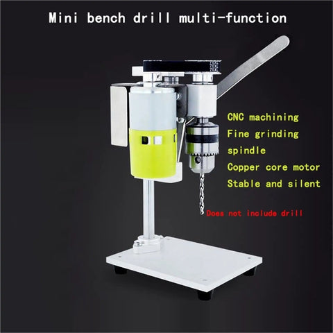 High Precision Mini Bench Drill Press Workhorse 7 Speed Electric Floor Stand Tapping Machine Crushes Wood And Metal With 9000 RPM Pizzazz Adjustable Chuck Built Tough For Garage Bosses And DIY Legends Who Want Serious Clout In Their Workshop Setup with copper core motor on white base.