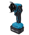 Compact Cordless Mini Circular Saw And Angle Grinder High Speed Cut Off Tool Kicking Up Dust With Zero Cords in blue and black design.
