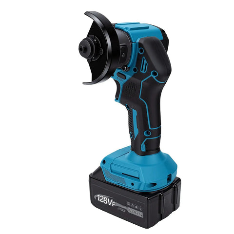 Compact Cordless Mini Circular Saw And Angle Grinder High Speed Cut Off Tool Kicking Up Dust With Zero Cords in blue and black design.