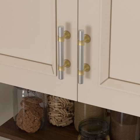 Solid Cabinet Pulls And Drawer Handles 10 Pack Featuring Smooth Brushed Nickel Finish With Straight Up Gold Accents on kitchen cabinet.