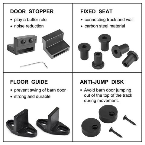 Sliding Barn Door Hardware Kit With J Shaped Hangers For 4 To 9.6 Ft Double Doors showing parts including stoppers and guides.