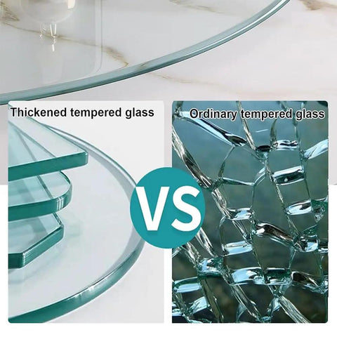 Extra Large Round Glass Lazy Susan Turntable, Tempered Tabletop Rotating Organizer Tray Crafted With Hella Sturdy Glass showing thickened vs ordinary tempered glass.