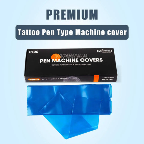 Disposable Tattoo Machine Covers Pack Pro Grade 200 Pcs 2.4 Inch By 7 Inch Blue Sleeves For Cartridge And Wireless Battery Tattoo Pens Keeps Grips Clean Protects Skin From Ink Reduces Allergies And Inflammation Easy Pack And Storage box with blue sleeves displayed below