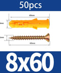Yellow Plastic Expansion Anchor Kit With Zinc Plated Self Tapping Screws For Drywall Concrete Brick Hollow Walls 8mm Wall Plugs 50