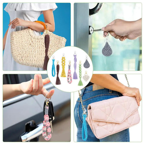 8 Set DIY Macrame Wristlet Keychain Kit For Adults used on purse, door key, car key, and bag with colorful boho tassels.