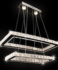 Lit LED Two Ring Rectangular Crystal Chandelier Pendant Light in stainless steel with K9 crystals, front view
