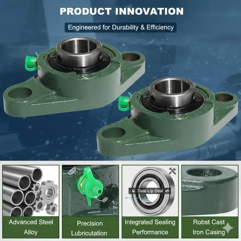 Rock Solid UCFL207-22 1-3/8 Inch Bore Self Aligning Flange Bearing Unit with 2-Bolt Square Design and Set Screw Lockdown shown from various angles.