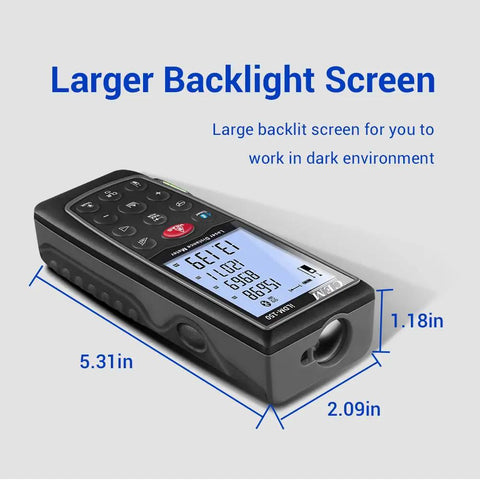 Rock Solid Bluetooth Laser Distance Measurer With 229 Foot Range And IP54 Weather Defense showing a large backlit screen for visibility.