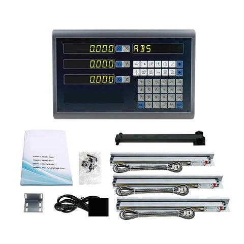 Heavy Duty 3 Axis DRO Kit Featuring Digital Calipers And Precision Linear Encoders For Lathe Milling Machines 5U Scale Digital Readout setup with display and components.