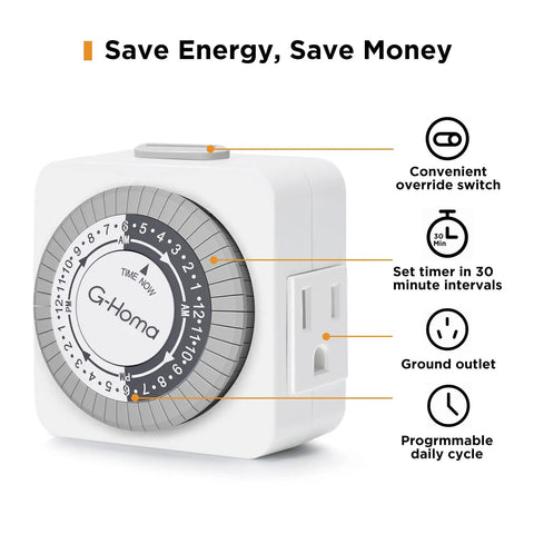 24 Hour Plug In Mechanical Outlet Timers 4 Pack Dead Simple 30 Minute Interval Scheduling Smooth Daily On Off Cycling For Indoor Lights And Everyday Appliances No Sweat Setup, showing a white mechanical timer with dial and socket.