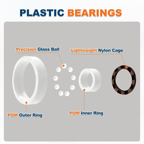 Sweet High Performance 8 Pack 6003 Pom Plastic Deep Groove Ball Bearings with tight 17 x 35 x 10mm dimension and nylon cage parts.