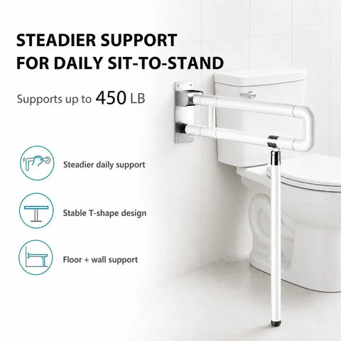 Dang Sturdy Flip Up Toilet Safety Handle With Floor Base Stand For Seniors And Rough Days crafted from rust-free stainless steel, supports 450 LB.