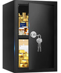 Rugged Steel Fireproof Safe Box With Secure Key Lock And Generous Shelf Space For Safely Stashing Cash Documents And Passports Inside A Stealth Home Vault, open with gold bars and valuables visible inside.