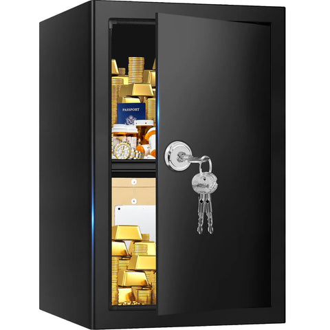 Rugged Steel Fireproof Safe Box With Secure Key Lock And Generous Shelf Space For Safely Stashing Cash Documents And Passports Inside A Stealth Home Vault, open with gold bars and valuables visible inside.