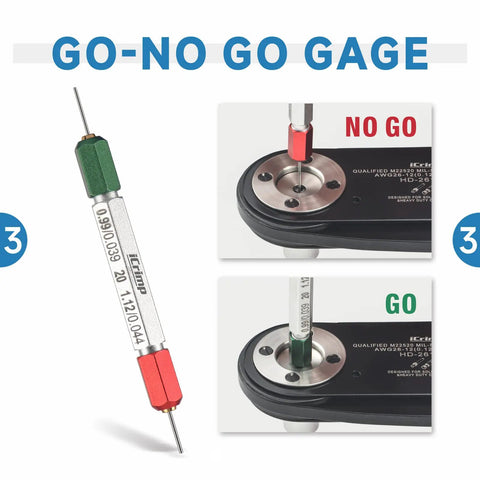 Go-No Go gage tool demonstrating functionality with green and red indicators for testing electrical connector fit.