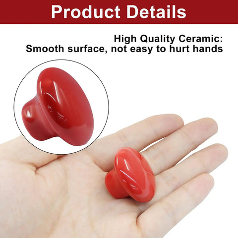 Bold Red Ceramic Cabinet Knobs Set Featuring No Sweat Installation And Top Notch Durability For An Instant Kitchen Glow Up And Quick Drawer Fix Including Premium Fasteners And Driver Ready For Your Next Weekend DIY Project Today in a person's hand, showing smooth ceramic surface.