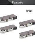 Slick Glide Double Wheel Sliding Door Track Rollers With 27Point5Mm Nylon Wheels And Dang Tough Stainless Steel Shells For Windows And Cabinet Doors Crisp White Electroplated Finish Set Of Four placed neatly in a row.
