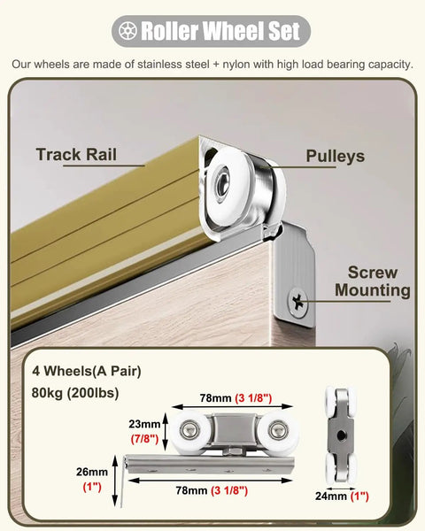 Champagne Gold Box Rail Kit For Sliding Barn Doors Featuring Heavy Duty Build with Four Wheel Stainless Steel Nylon Pulley Set