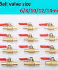 Heavy Duty Brass Ball Valve With Hose Barb Fitting Transitions 1/4 Inch To 12mm Tubing in various sizes, showcasing gold material and red handles.