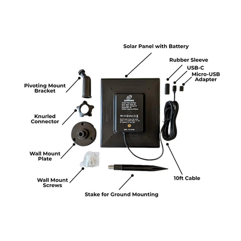 Portable Weatherproof Solar Charging Station With Integrated 8000mAh Battery components including 10ft cable, mount brackets, and USB adapters.