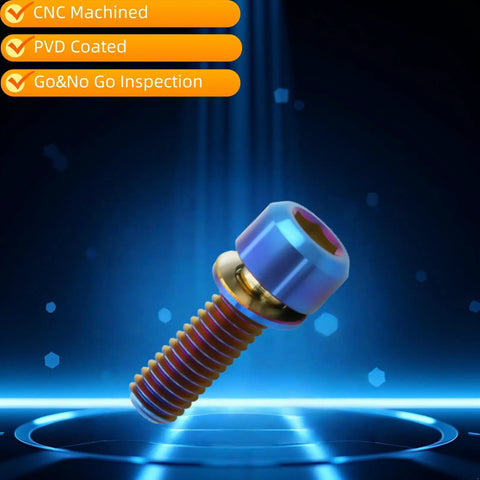Professional Grade Titanium Hex Head Bolts M6 X 18 mm With Flat Washers In Sharp Burnt Blue Anodized Finish For Badass Bicycle And Motorcycle Gear Including Matching Hardware Kits For Quick Installation On Daily Riders, showing a CNC machined and PVD coated bolt.