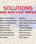 Solutions made with T-Slot profiles for mobile workstations and laboratory enclosures, featuring diverse applications.