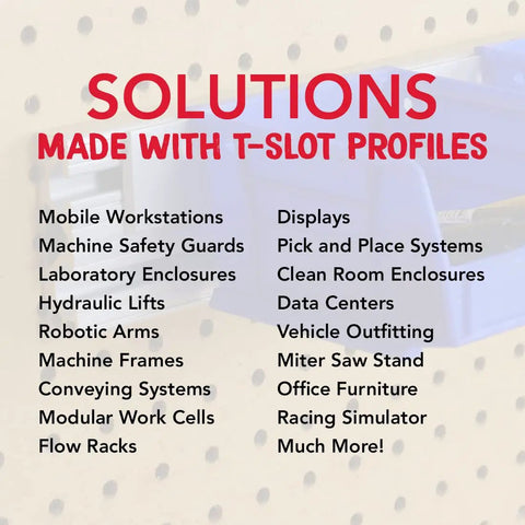 Solutions made with T-Slot profiles for mobile workstations and laboratory enclosures, featuring diverse applications.