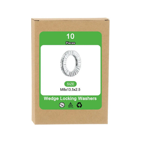 Premium Wedge Locking Washers For M8 Bolts 10 Pack 304 Stainless Steel in packaging showing size M8x13.5x2.5.