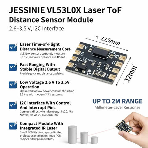 VL53L0X Laser ToF Distance Sensor Module sporting slick I2C links, compact design, measures up to 2m with IR laser.