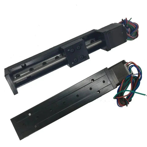 Stomp The Competition With This Awesome XYZ Shaft Electric Sliding Table T-Shaped Linear Guide Rail Setup Featuring A Solid 4mm Pitch And 150mm Drive Kit For Serious CNC Motor Projects. Black metal CNC linear slide with motor wires