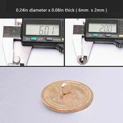 Close-up measuring of a 100 Pack Neodymium Disc Magnet 6mm x 2mm on a coin with a caliper for scale.