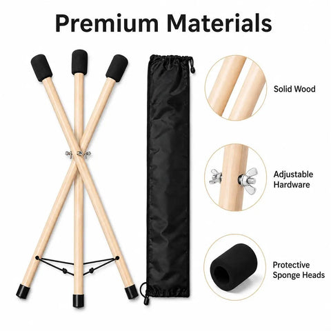 Adjustable Solid Wood Handpan Drum Stand With Carry Bag And Three Replacement Foam Pads For 10 To 22 Inch Steel Tongue Hang And Panda Drums featuring solid wood legs and protective sponge heads.