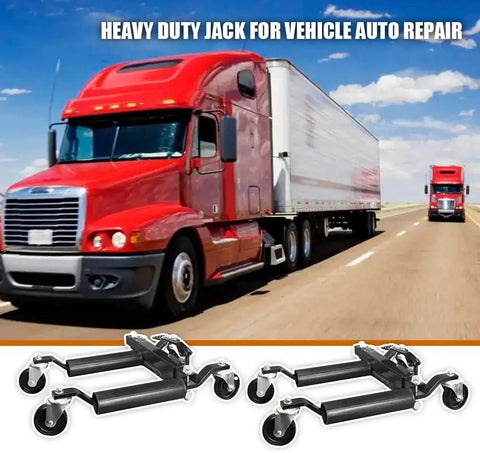 Heavy Duty Hydraulic Car Wheel Dolly Set Of 4 With 1500 Lbs Per Roller Ratcheting Foot Pedal shown with trucks on the road.