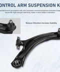 Rugged Front Lower Control Arm Assembly And Inner Outer Tie Rod Ends Plus Sway Bar Links 8 Piece Direct Fit Suspension Tune Up Kit For Nissan Rogue 2008 Through 2015 close-up of control arm with black finish and mounting points.