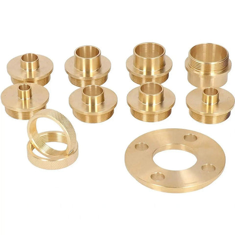 Top Shelf 11 Piece Solid Brass Router Bushing Set And Template Guide Kit With Adapter Plates showing nine brass bushings and one base plate.