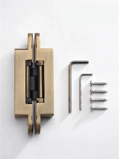 Invisible Door Hinges With 3D Adjustable Concealed Design heavy duty zinc alloy in gold shown with screws and tools.