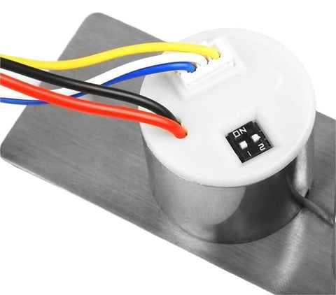 12V Mini Electric Bolt Lock Solenoid With Five Wire Feedback Sensor showcasing wiring connections and stainless steel design.
